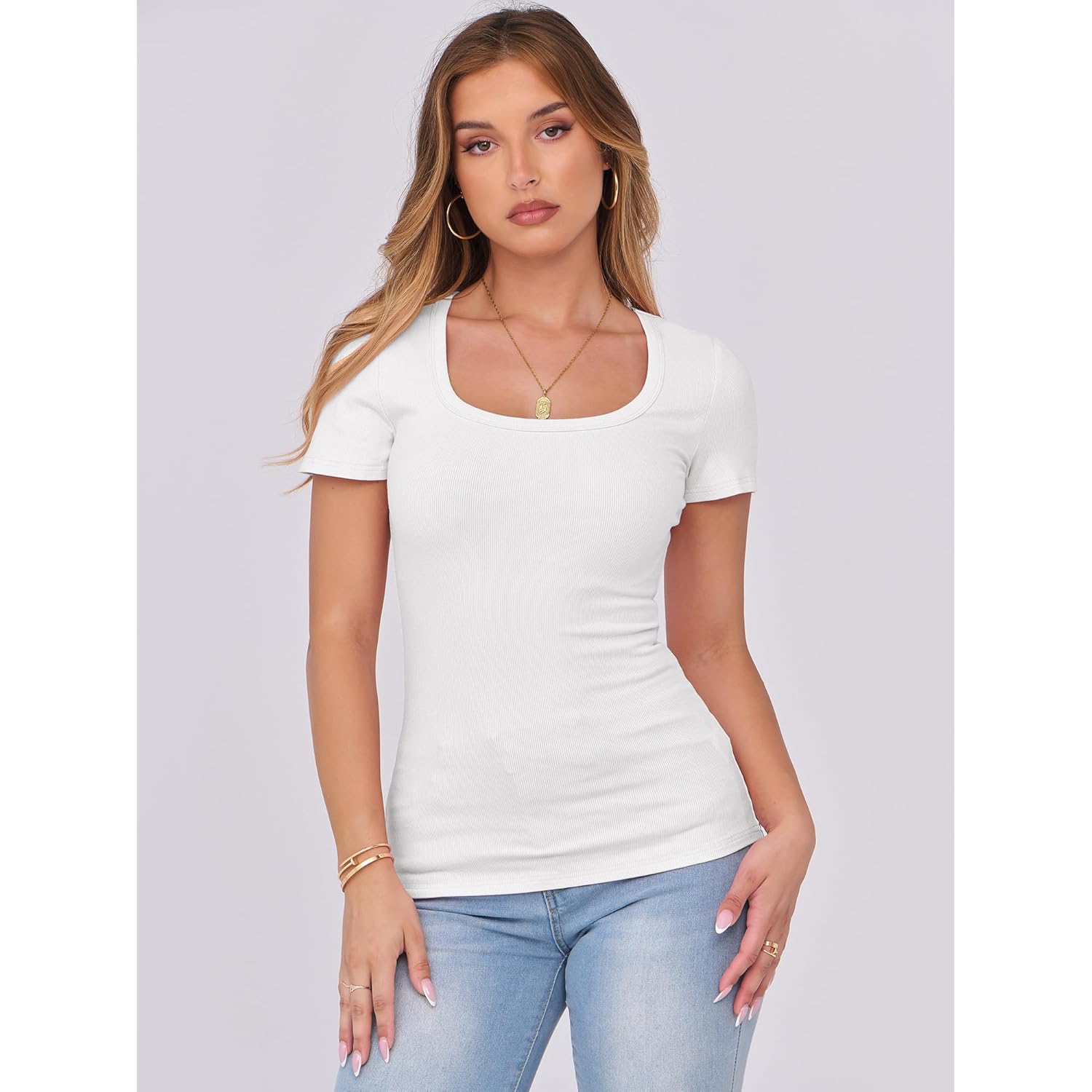 Women Short Sleeve Tops Scoop Neck Ribbed Knit Slim Fitted Basic Tee Shirt Casual Summer Clothes 2026 Spring Outfits
