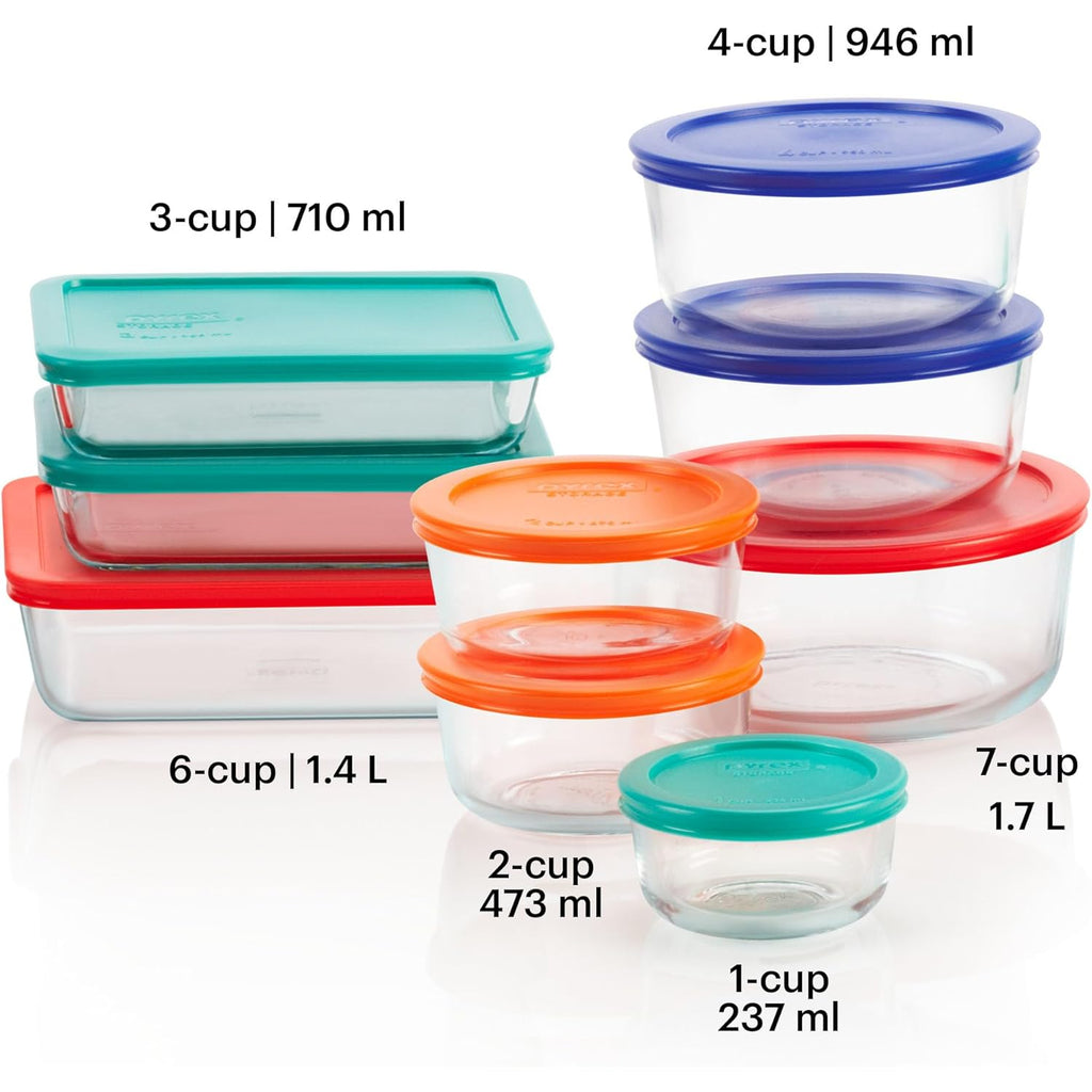 Pyrex Simply Store (9-Pack) Mixed Sized Glass Food Storage Set, Round & Rectangular Containers With Plastic Lids, BPA-Free, Dishwasher & Microwave Safe