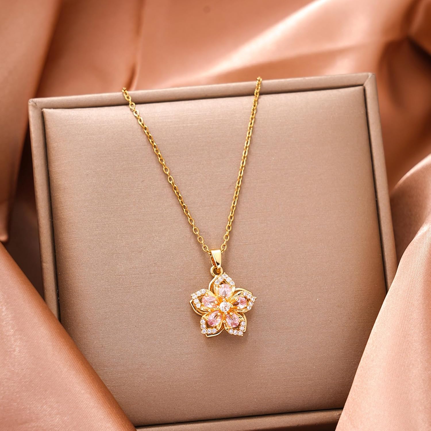 Necklace for Women Gold Flower Fidget Necklace Rotatable Crystal Silver Blossom Pendant Necklaces Adjustable Spinning Fidget Necklaces Redbud Flower Choker Funny Gift Jewelry