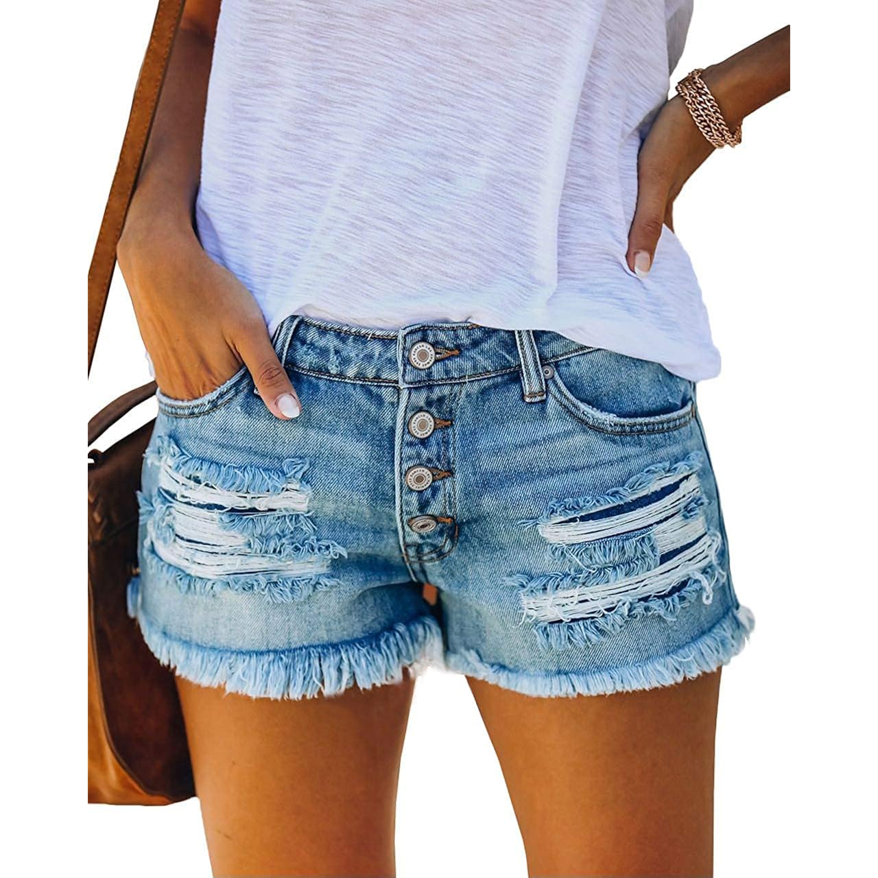 Women's Mid Rise Stretchy Ripped Denim Shorts Distressed Casual Summer Jean Shorts