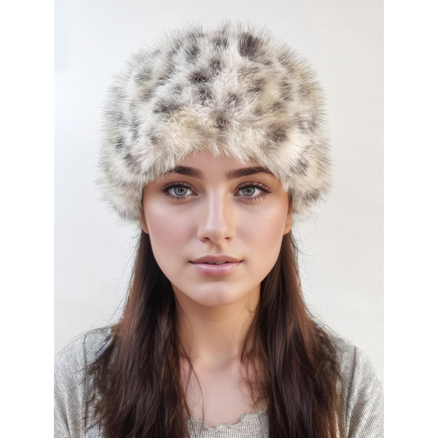 Women's Faux Fur Hat for Winter, Furry Cossack Russian Style Leopard Printed Warm Beanie Cap