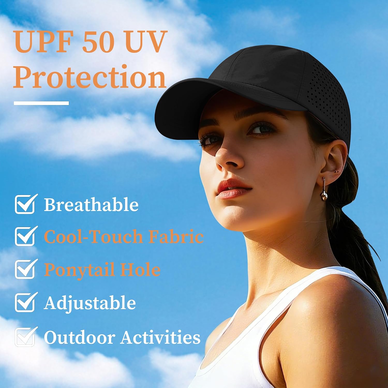 Womens UPF 50+ Baseball Cap Waterproof Quick Dry Adjustable Ponytail Hat for Running Hiking Golf Black