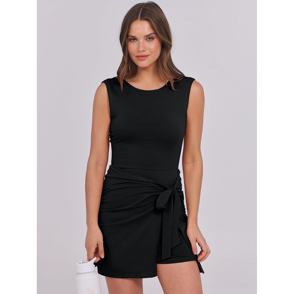 Caracilia Women Summer Sleeveless Bodycon Tie Cinched Waist Romper Skort Mini Dress Built In Shorts Night Out Vacation Dress