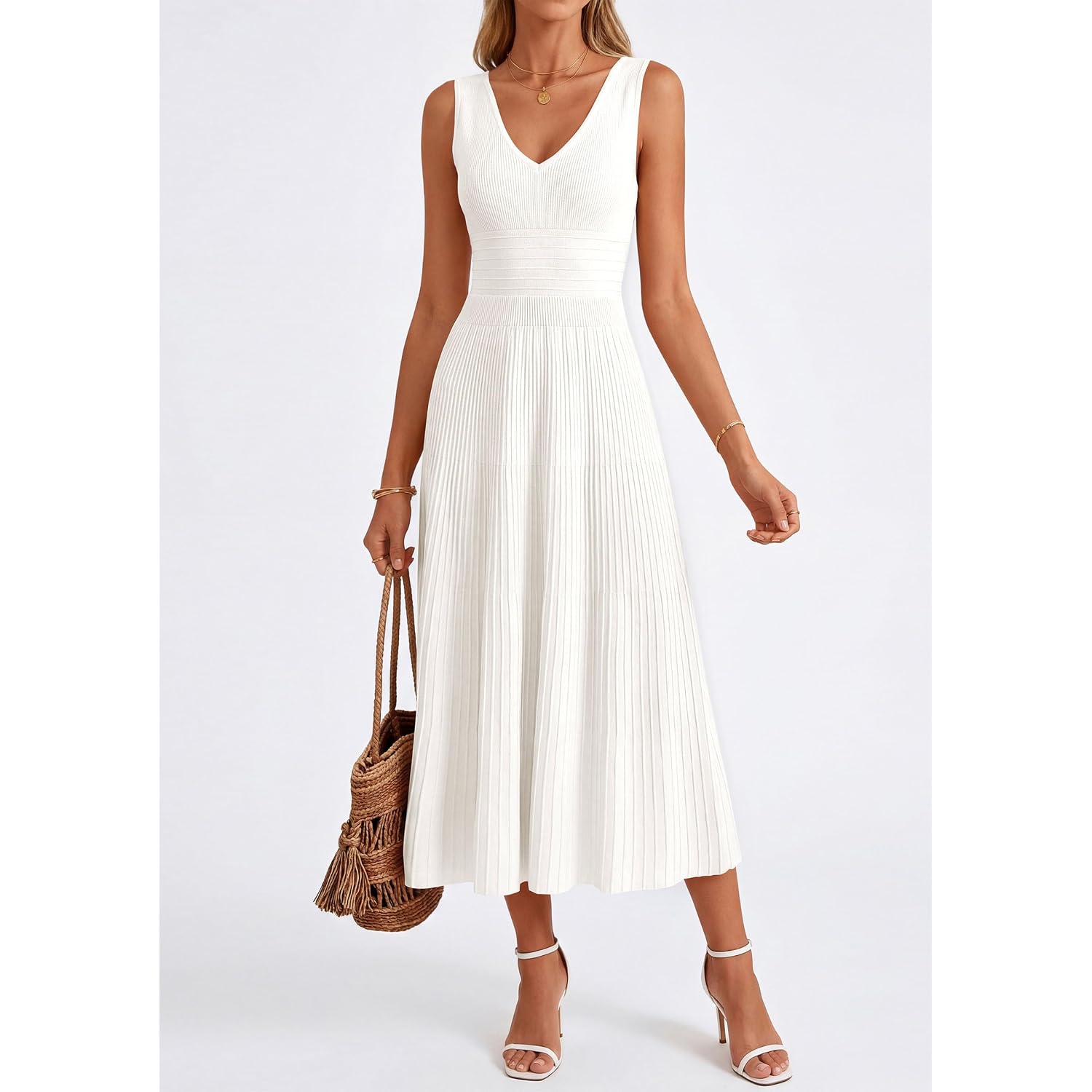 Prettygarden Summer Dresses For Women 2026 Spring Casual Sleeveless V Neck Pleated Midi Work Cocktail Wedding Guest Dress