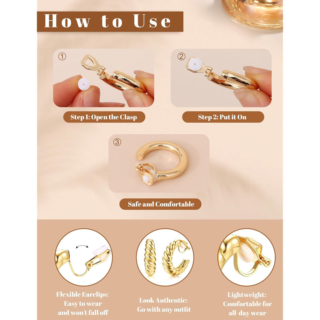 BESTEEL 3Pairs Clip on Earrings for Women Trendy Hypoallergenic 14K Gold Plated Chunky Tube Croissant Waterdrop Clip-on Hoop Earrings Set Fake Jewelry Non Pierced Ears