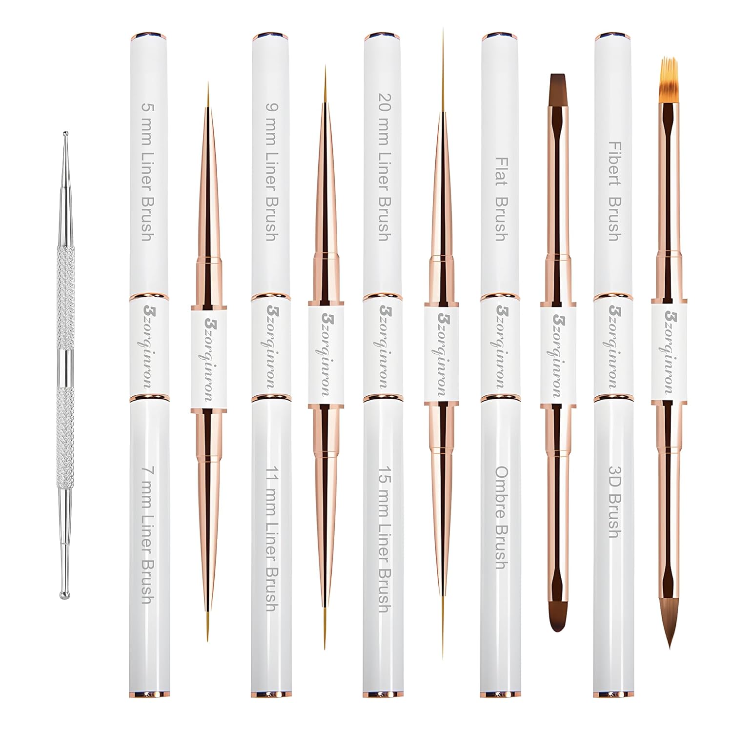 Nail Art Brushes Set, Professional 5Pcs Double-Ended Nail Brush Kit for Details, Long Lines, Ombre & 3D Design-Perfect for DIY Manicures & Salons (White)