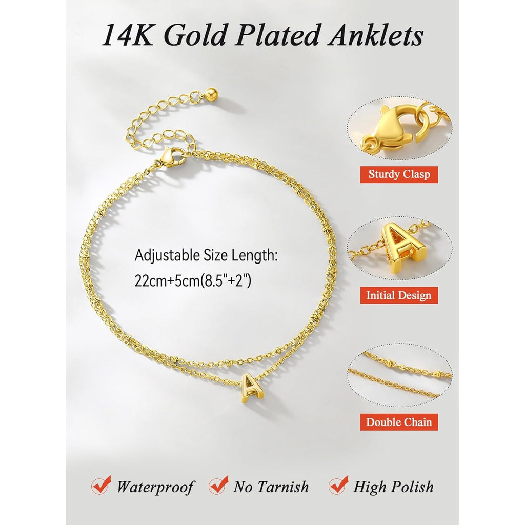 FaithHeart Initial Ankle Bracelets for Women, Waterproof 14k Gold Plated Initial Anklets Non Tarnish Stainless Steel Cute Layered Anklet Summer Beach Jewelry