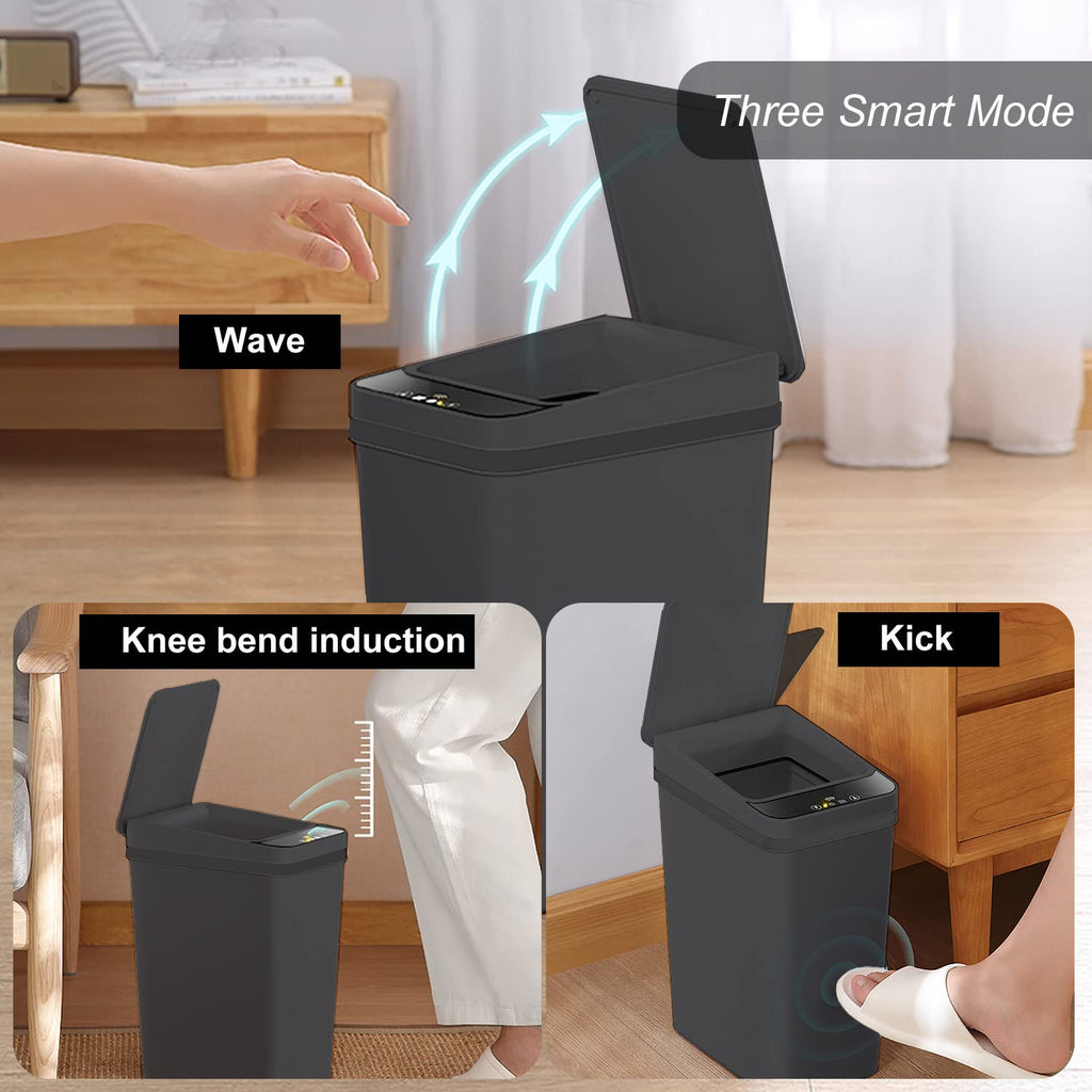 3 Pack - Bathroom Trash Can With Lid - 2.5 Gallon Automatic Trash Cans | Bedroom, Office - Small Smart Garbage Can Touchless - Electric, Narrow - Motion Sensor Trash Can Bathroom ( Matte Black )