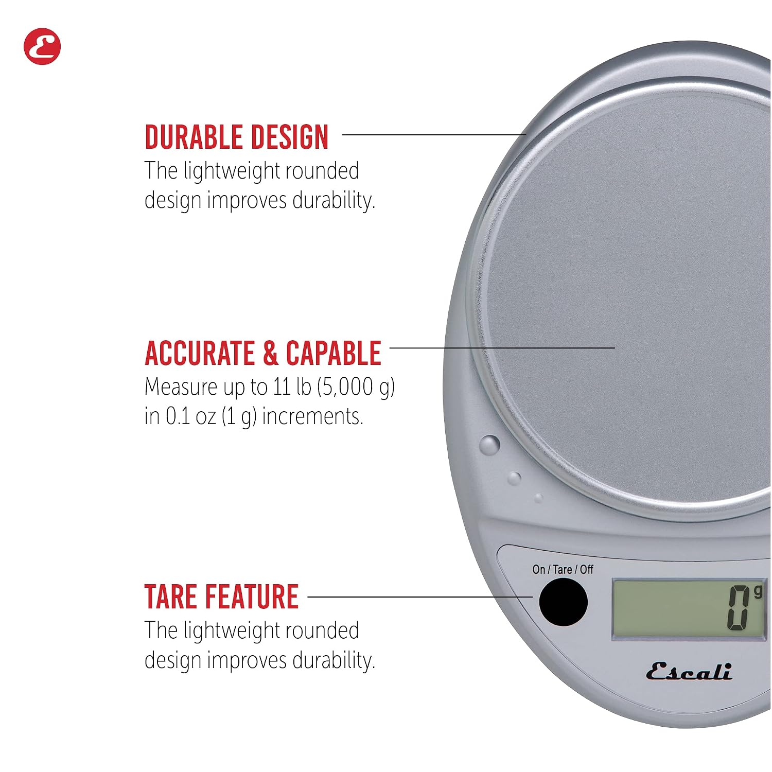 Escali Primo Digital Food Scale Multi-Functional Kitchen Scale And Baking Scale For Precise Weight Measuring And Portion Control, 8.5 X 6 X 1.5 Inches, Chrome