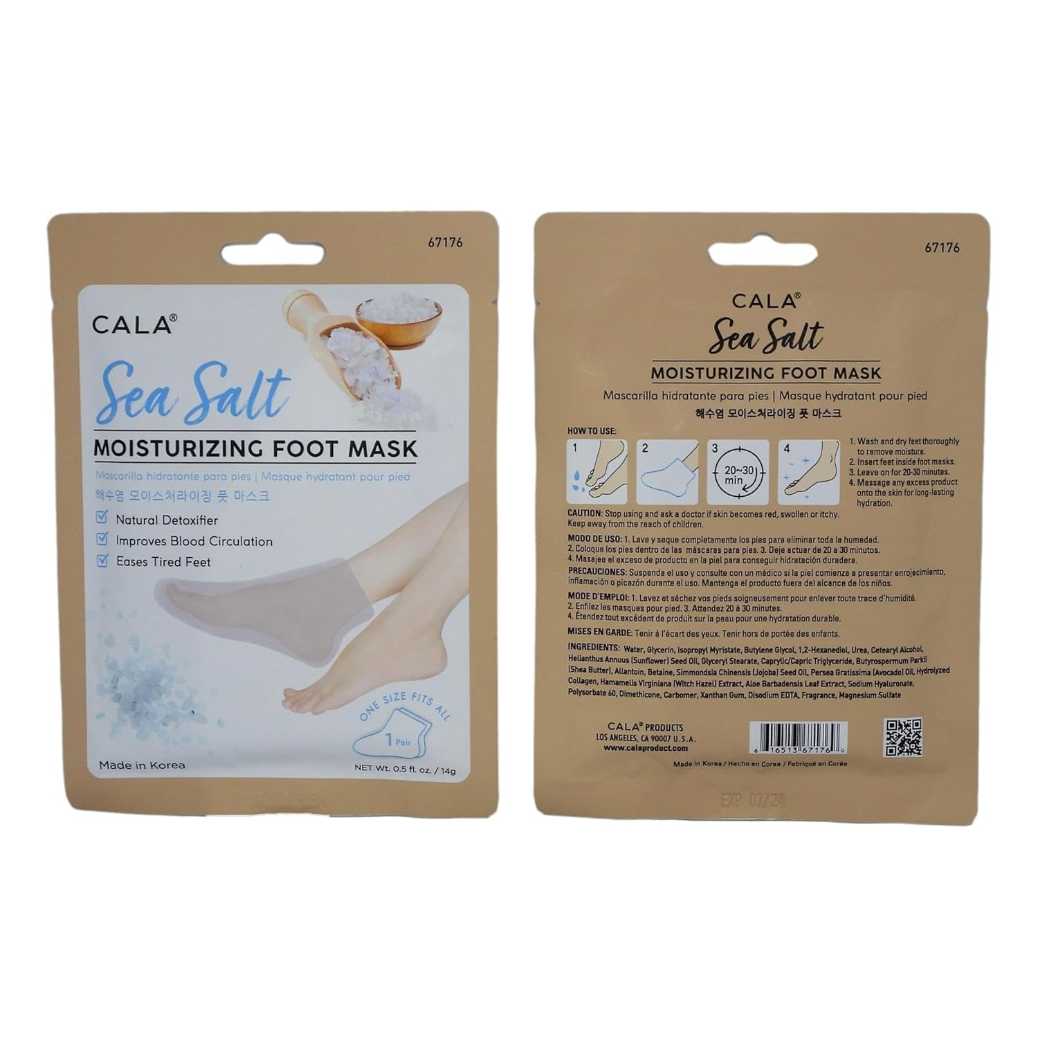 CALA Moisturizing Foot Mask Socks, Sea Salt Essence, Hydrating Spa Booties for Dry, Tired Feet, Nourishing & Calming, No-Rinse Finish, 3 Pairs (10 Min Treatment)