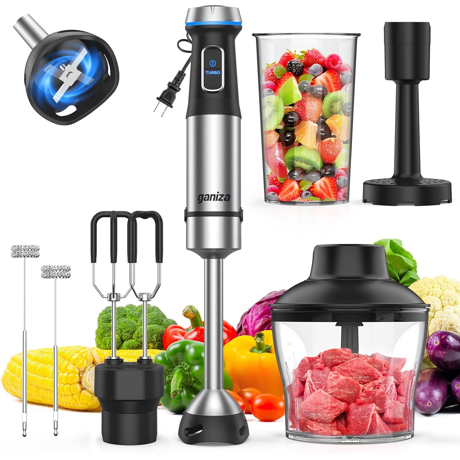 Ganiza Immersion Blender Handheld, 6 In 1 Hand Blender Stainless Steel Blade, 15 Speed Stick Blenders Electric, 800Ml Mixing Beaker, 600Ml Chopper, Whisk, Frother, Potato Masher