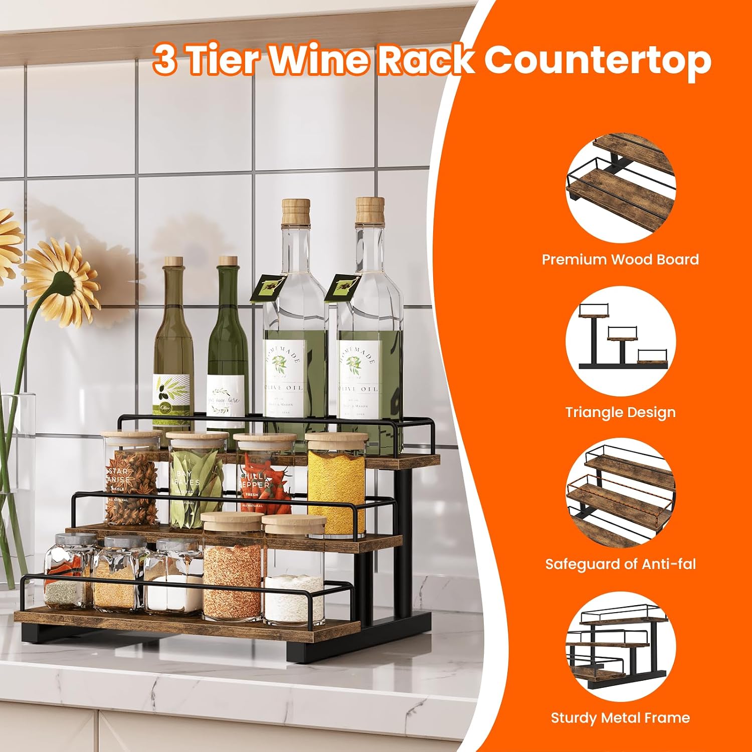 Liquor Bottle Display Shelf, Coffee Syrup Rack Organizer, 3 Tier Wine Rack Countertop, Home Retro Bar Shelf Stand Holder For Liquor Whiskey Spirits, Mini Bar, Liquor Cabinet, Rustic Brown