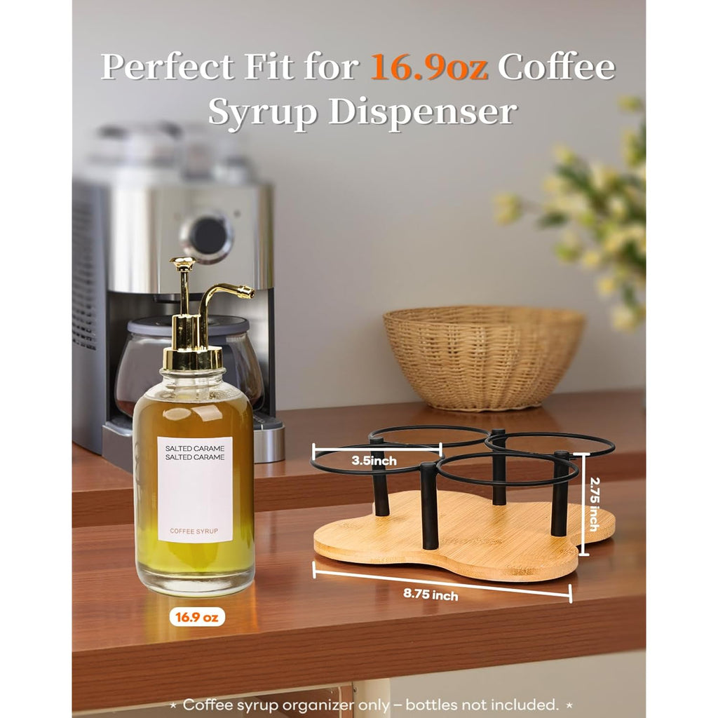 Rotating Coffee Syrup Organizer, Syrup Bottle Holder For Coffee Syrup Dispenser 16.9Oz, Bamboo Coffee Syrup Rack For Coffee Bar Station Countertop, Coffee Bar Accessories(Syrup Rack Only)