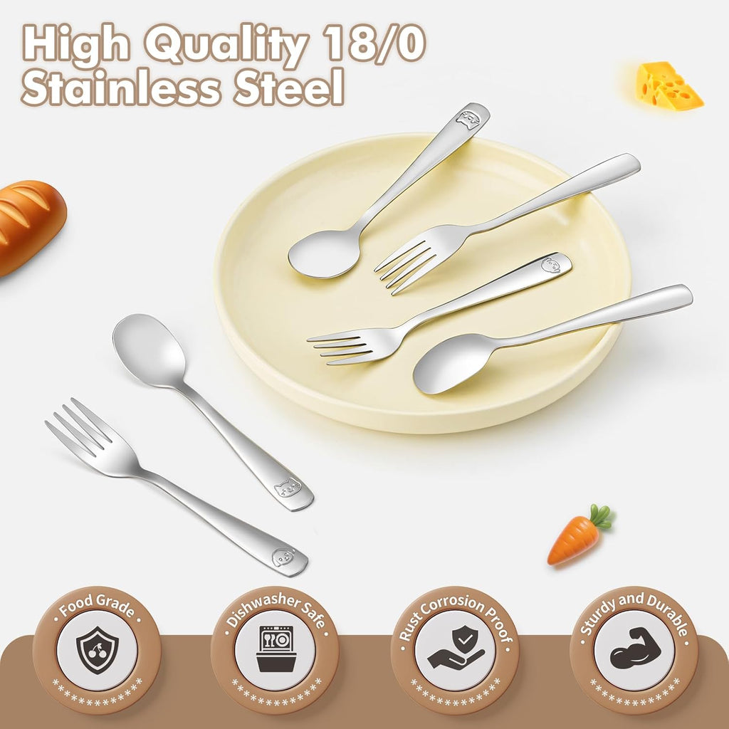 DRKIO Stainless Steel Toddler Utensils Set - 12 Pieces Kids Silverware Set Children Safe Food Grade Small Forks and Spoons Dishwasher Safe Mirror Polished