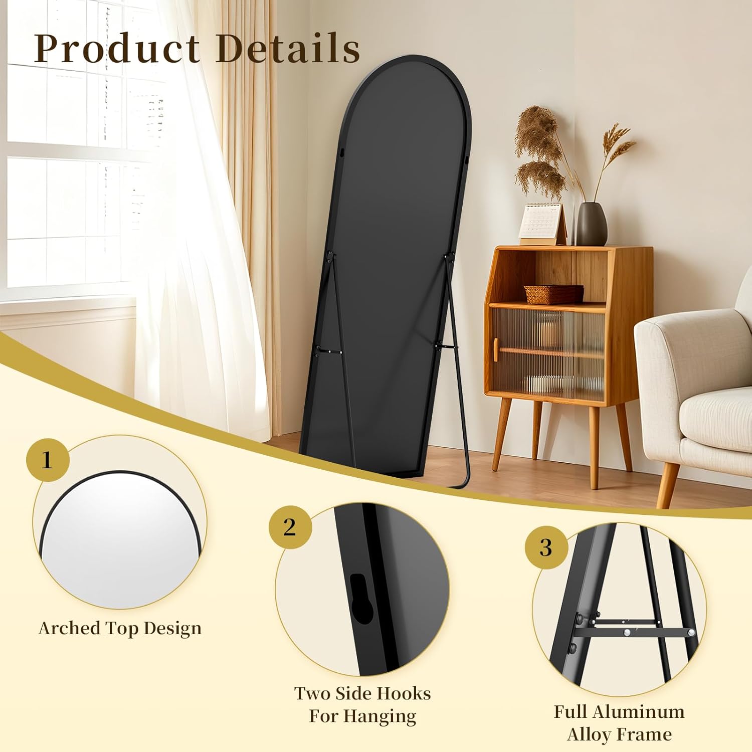 59"x16" Floor Mirror Full Length, Arched Full Length Mirror with Stand, Full Body Mirrors for Bedroom Living Room or Cloakroom Black
