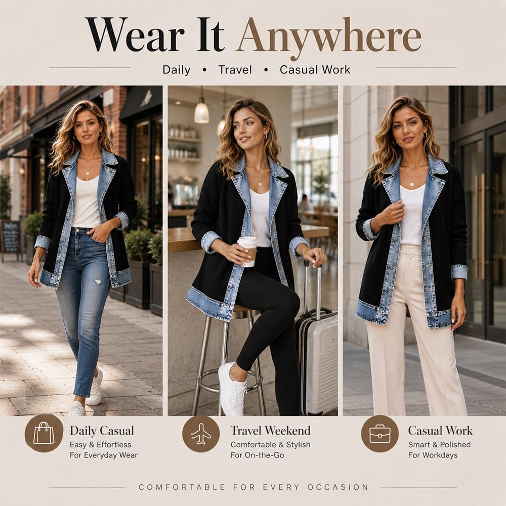 Womens Denim Patchwork Collared Shirt Jacket, Denim Trimmed Sweater Jacket Loose Button Down Long Sleeve Shacket