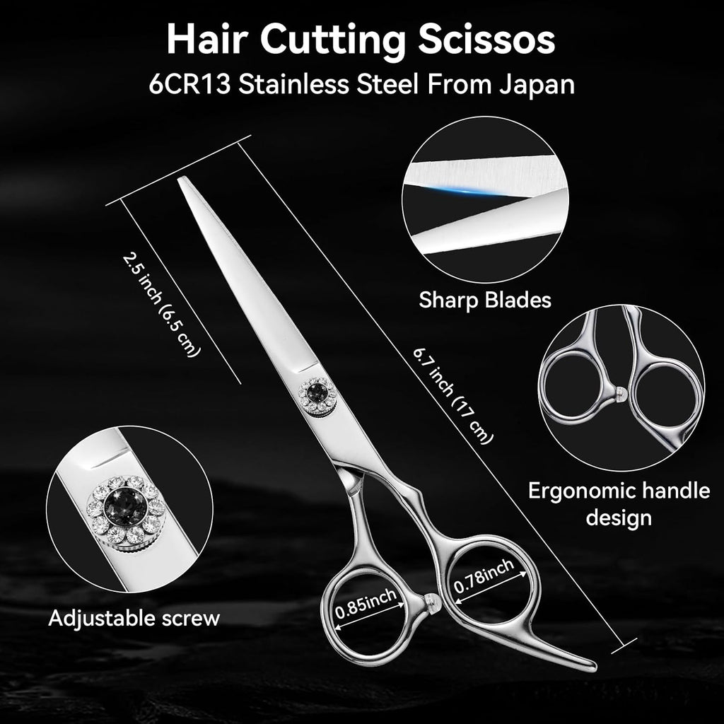 Japanese 6Cr13 Steel Hair Cutting Scissors Kit, 21-Pcs Barber Shears Set | Sharp No-Pull Blades Made Of Premium Japanese Steel. Complete 21-Pcs Haircut Set For Professional Barbers And Home Salon.