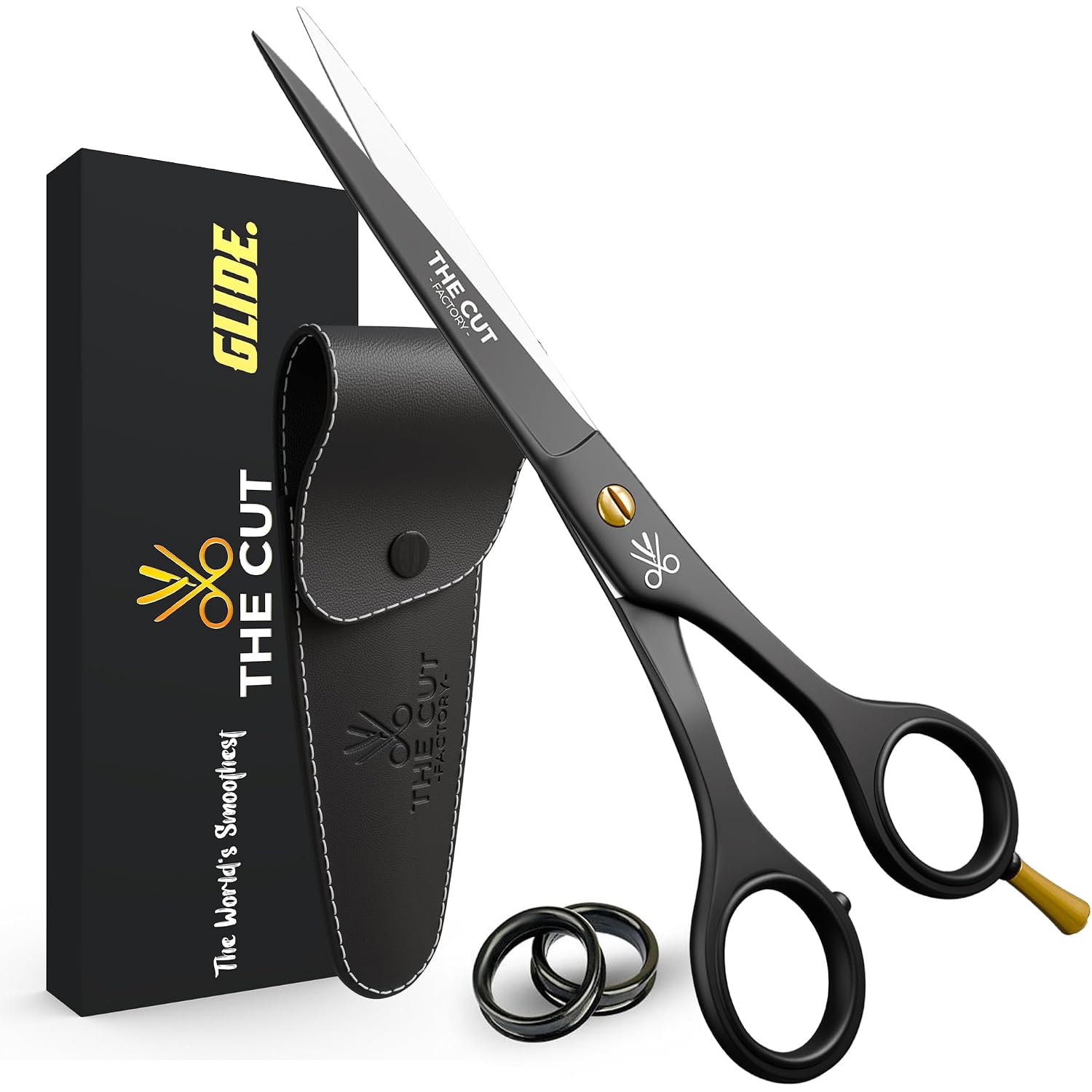 The Cut Factory® 6.5” Matte Black Luxury Hair Scissors – Ultra-Sharp High Carbon Steel Barber Shears For Men, Women & Kids – Gift-Boxed With Leather Pouch – Precision Cutting For Salon & Home