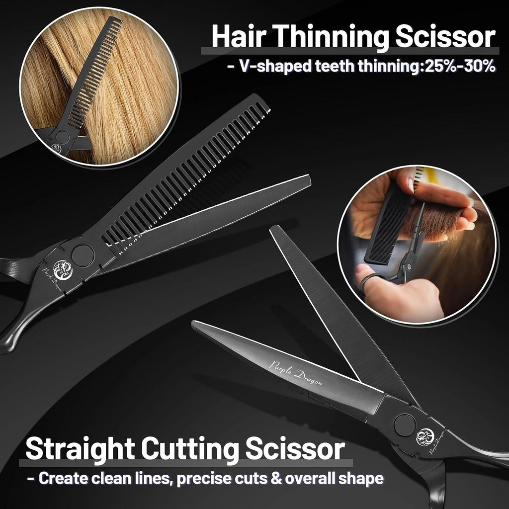 Purple Dragon Professional Japan 440C Hair Salon Cutting Shear And Barber Thinning Scissor Hairdressing Shear Set With Bag (Black, 6 Inch)