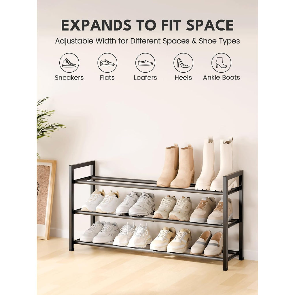 3-Tier Expandable Shoe Rack For Closet, 18“-33” Adjustable Shoe Rack For Small Space, Small Shoe Organizer For Front Door, Sturdy Metal, Black