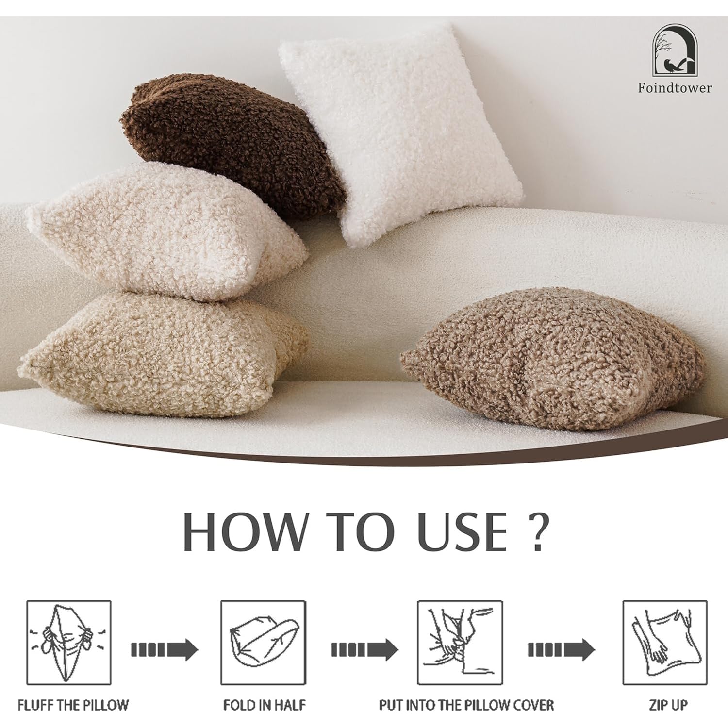Foindtower Set Of 2 Curly Teddy Wool Pillow Covers Decorative Boucle Textured Lumbar Throw Pillow Faux Fur Pillowcases Sheepskin Cushion Case For Sofa Bedroom Car 12"X20" Khaki
