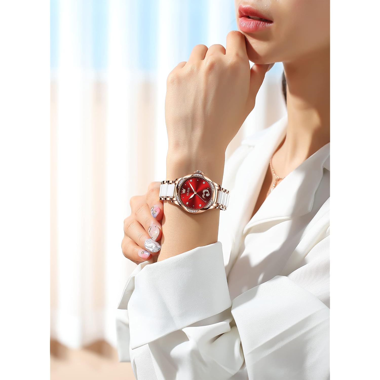 Olevs Automatic Watch For Women Luxury Diamond Rose Gold Ladies Self Winding Mechanical Ceramic Wrist Watch Love Heart Date