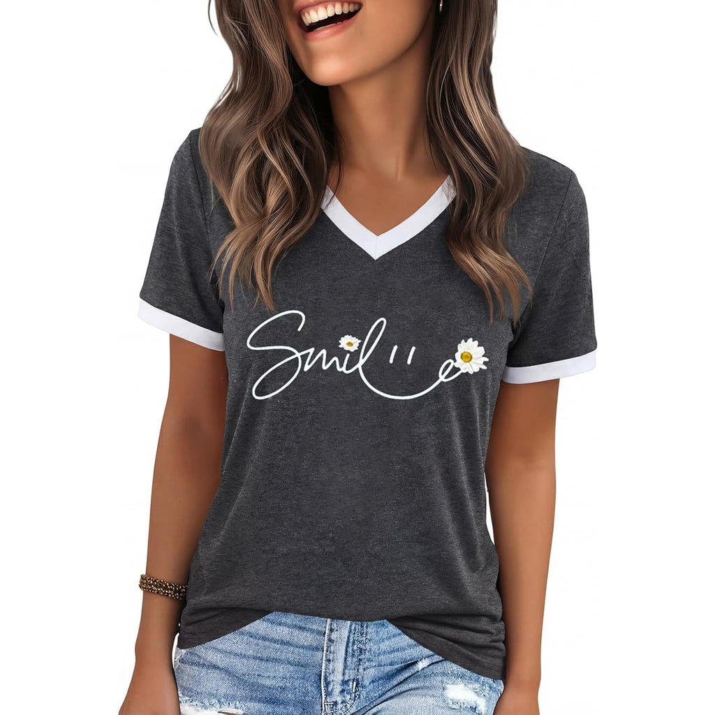 YEXIPO Womens T Shirts Graphic Tees Spring Short Sleeve V Neck Funny Letter Print Casual Loose Cute Summer Tops Grey Smile
