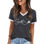 YEXIPO Womens T Shirts Graphic Tees Spring Short Sleeve V Neck Funny Letter Print Casual Loose Cute Summer Tops Grey Smile