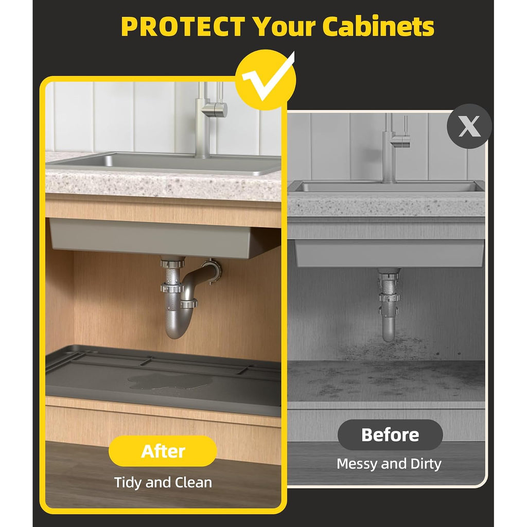 Under Sink Mats For Kitchen Waterproof, 34" X 22" Or Smaller Cut To Fit Under Sink Drip Tray For Kitchen Bathroom Cabinets, Silicone Liner Hold Up To 3.3 Gallons Liquid - Grey