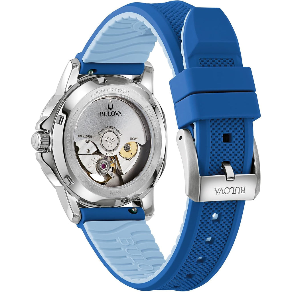 Bulova Ladies' Marine Star Automatic Stainless Steel Case And Blue Silicone Strap, Mother Of Pear Dial Style:96L324