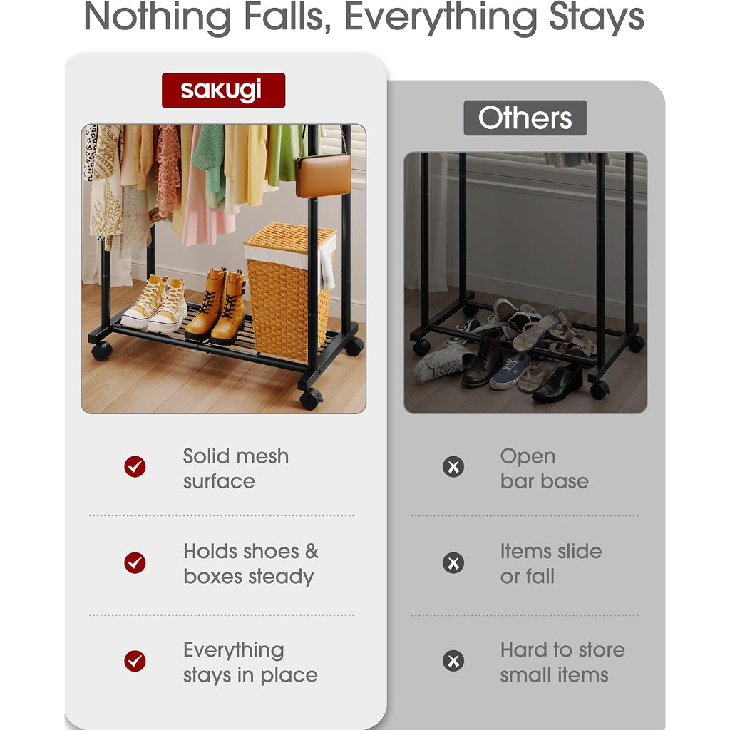 Clothes Rack - Double Rods Clothing Rack With Mesh Shelf, Hooks & Wheels, Metal Clothing Racks For Hanging Clothes & Bags, Multifunctional Garment Rack For Laundry, Black, 28.7" X 16.5" X 59.1"