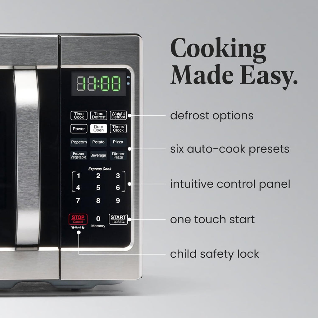 Farberware 0.7 Cu. Ft. Countertop Microwave Oven – 700 Watts Power, Auto Cook Settings, Defrost, Easy Clean and Child Safety Lock - Stainless