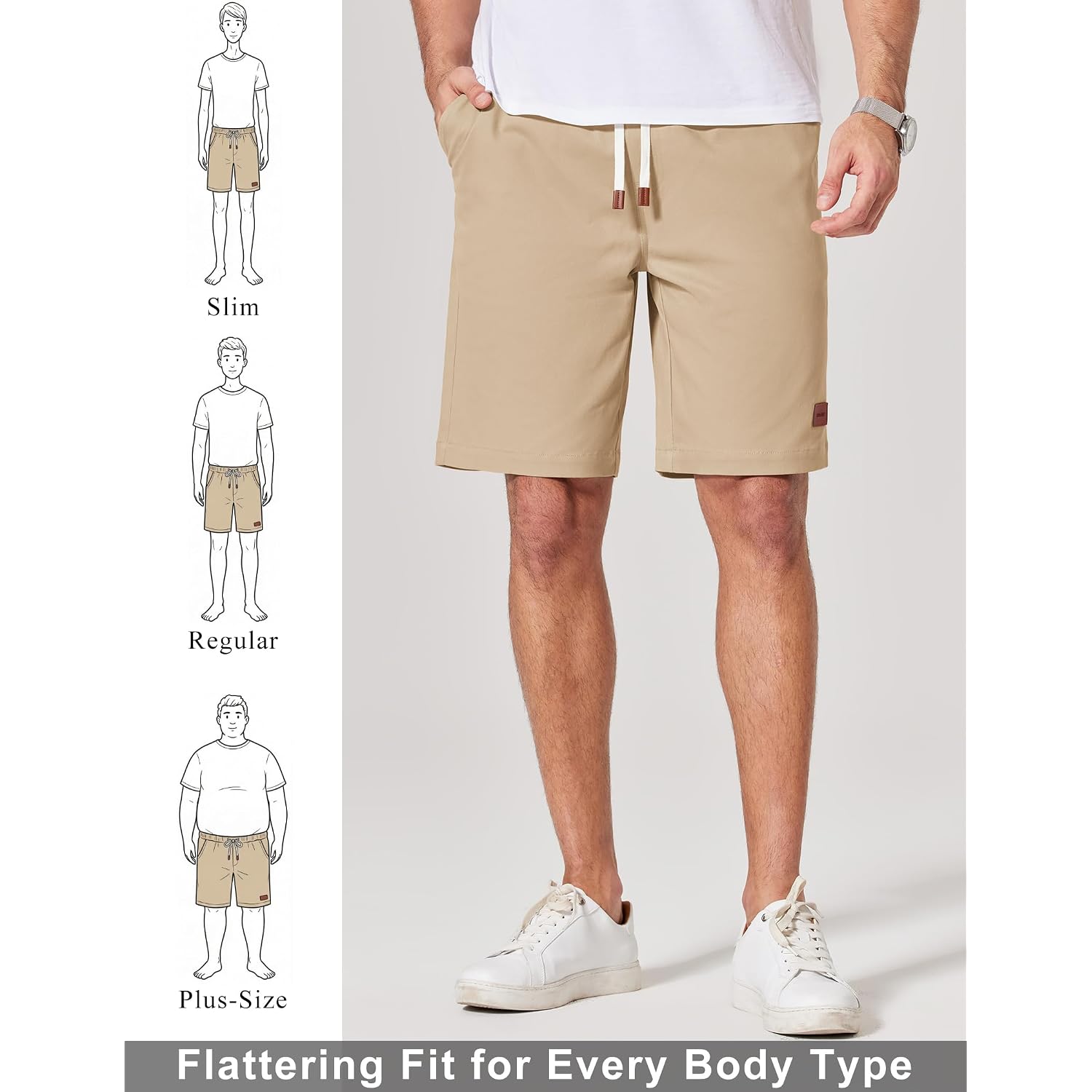 Coofandy Mens Cotton Chino Shorts 9 Inch Casual Shorts Elastic Waist Drawstring Summer Beach Shorts With Pockets