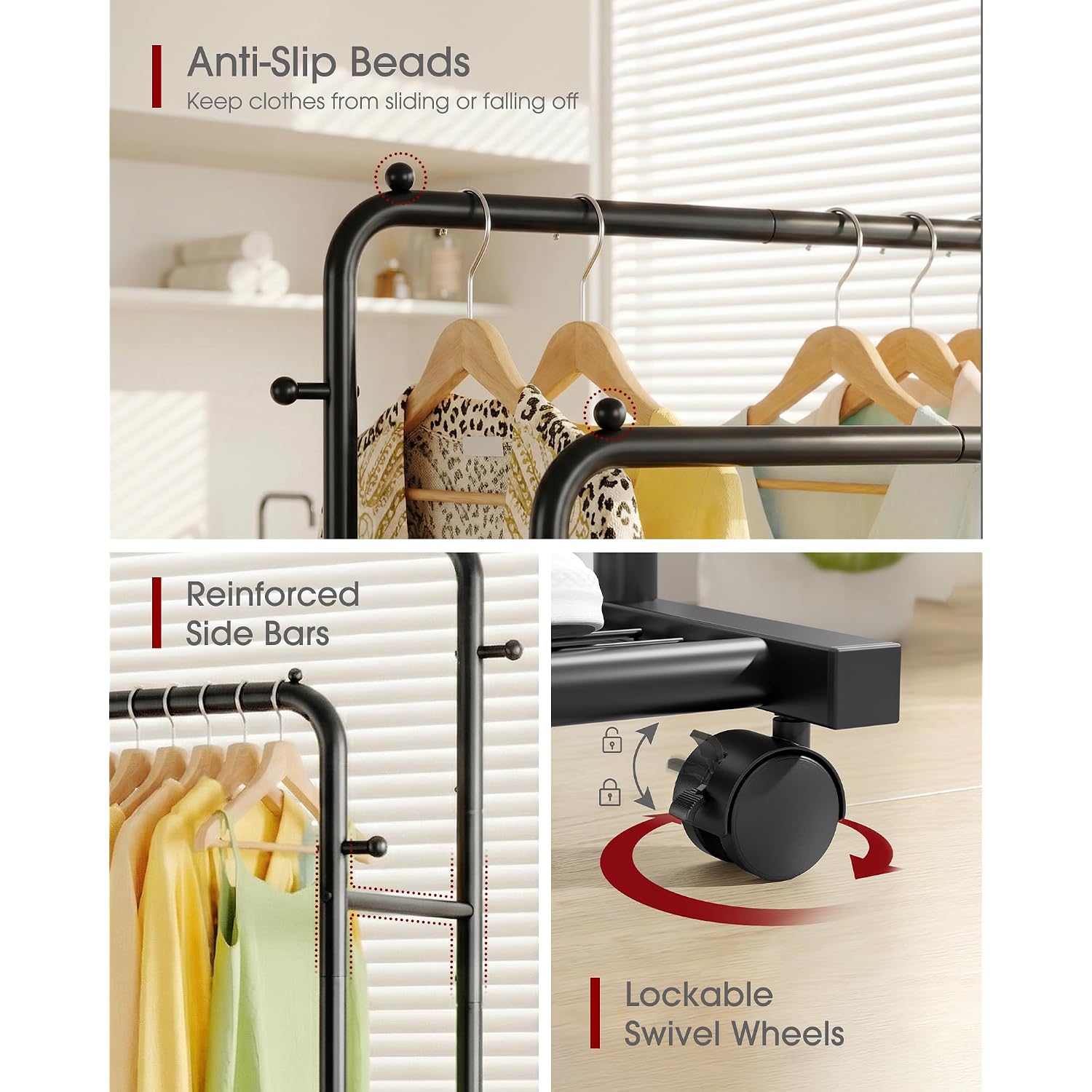 Clothes Rack - Double Rods Clothing Rack With Mesh Shelf, Hooks & Wheels, Metal Clothing Racks For Hanging Clothes & Bags, Multifunctional Garment Rack For Laundry, Black, 28.7" X 16.5" X 59.1"