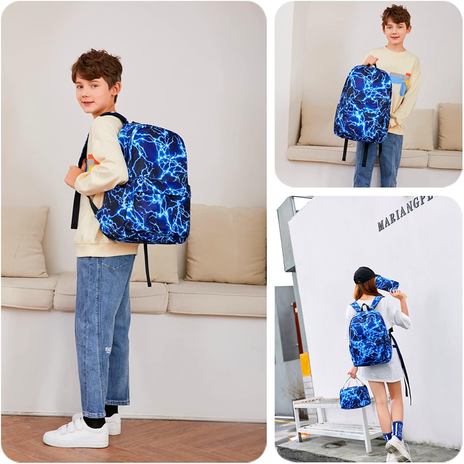 Mezhsa Boy School Backpack Elementary Middle Lightning Bookbag Laptop Teenager Waterproof Lightweight 17 Inches (1-Blue)