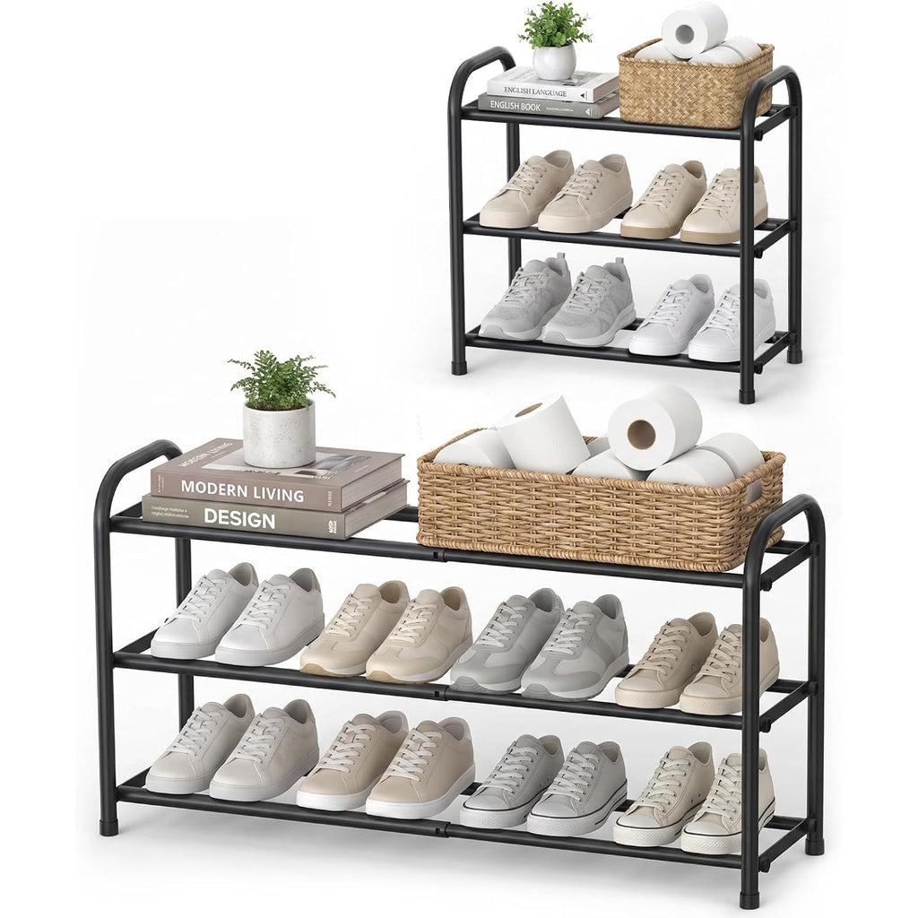 Gonfoam Expandable 3-Tier Shoe Rack For Closet And Entryway, Black | Tool-Free Assembly, Metal Material, Adjustable Shoe Organizer, Sturdy, Small Space Solution, Dorms, Garages, Apartments.