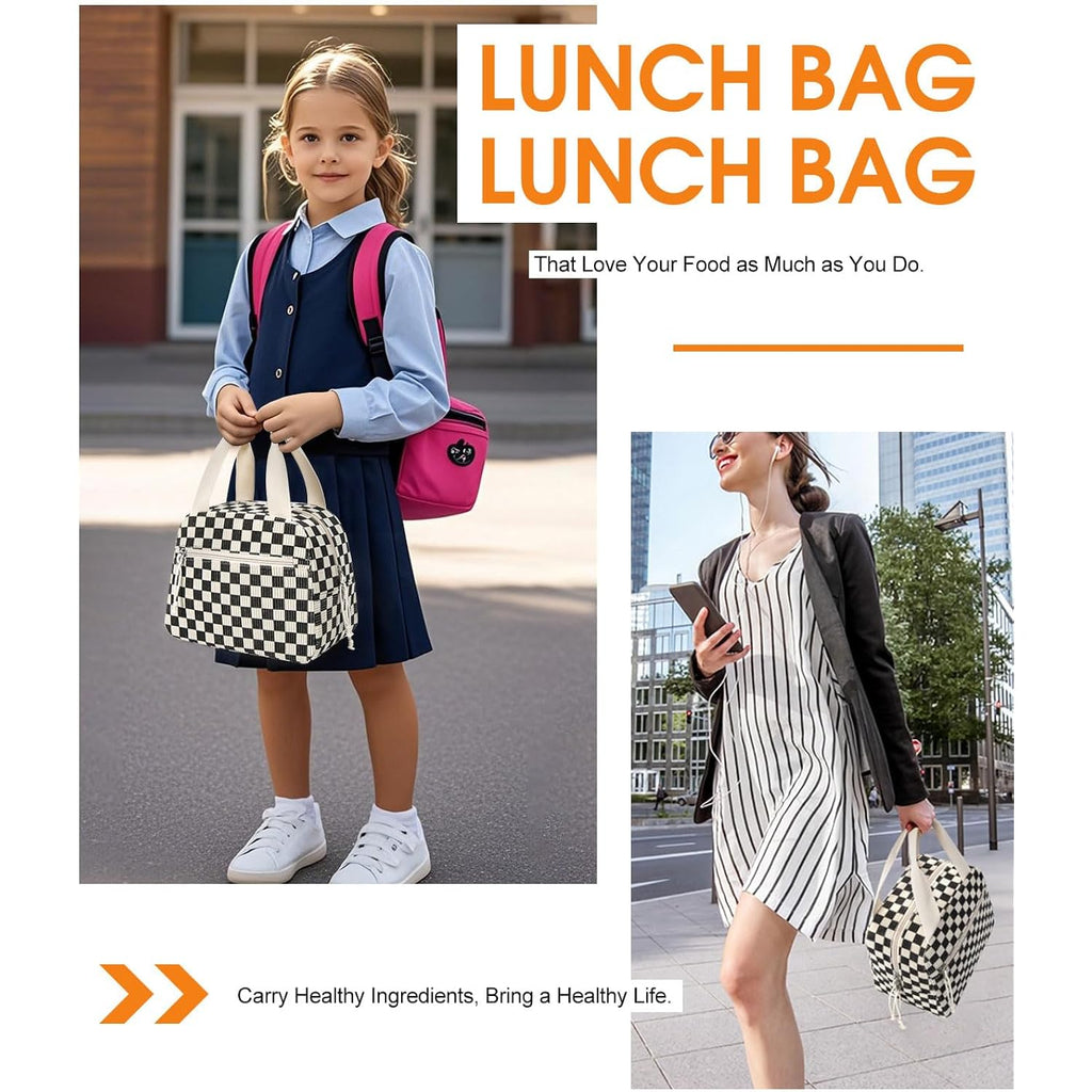 Corduroy Lunch Bag,Small Insulated Lunch Box For Women Men | Reusable Lunchbag,Cute Lunch Tote Bag,Lunchbox For Work,Corduroy Black Checkered