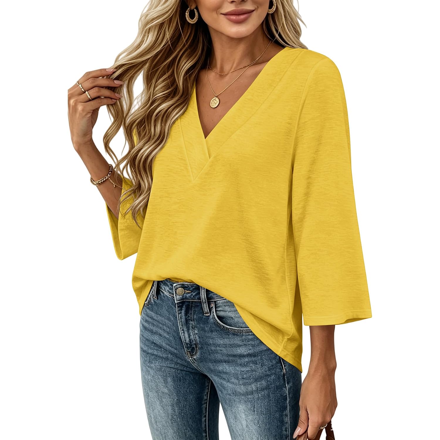 3/4 Length Sleeve Womens Tops Boho Trendy V Neck Shirts Blouses Dressy Casual Loose Fit Outfits Fashion