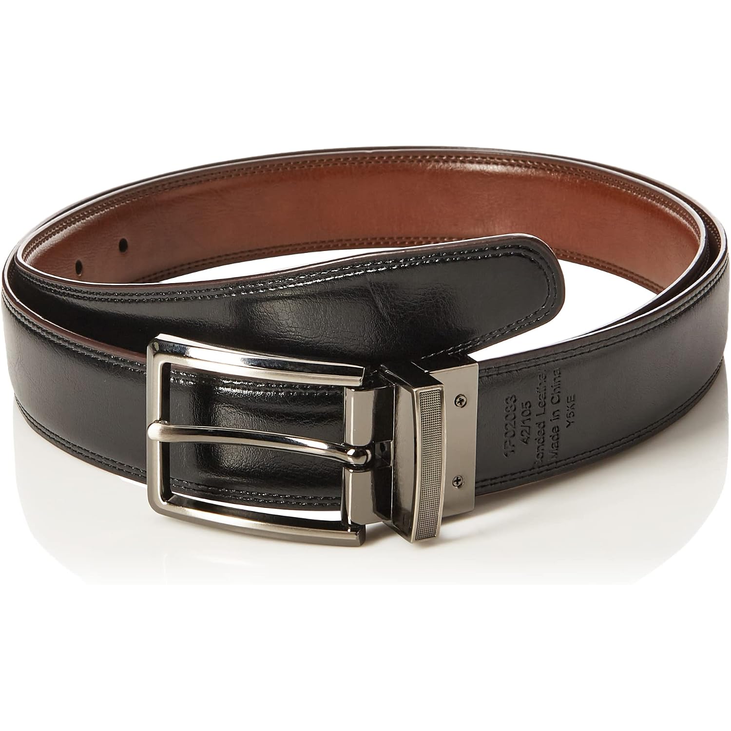 Perry Ellis Men'S Portfolio Double Stitched Leather Reversible Belt, Brown/Black, Silver Prong Buckle, Burnished Edges
