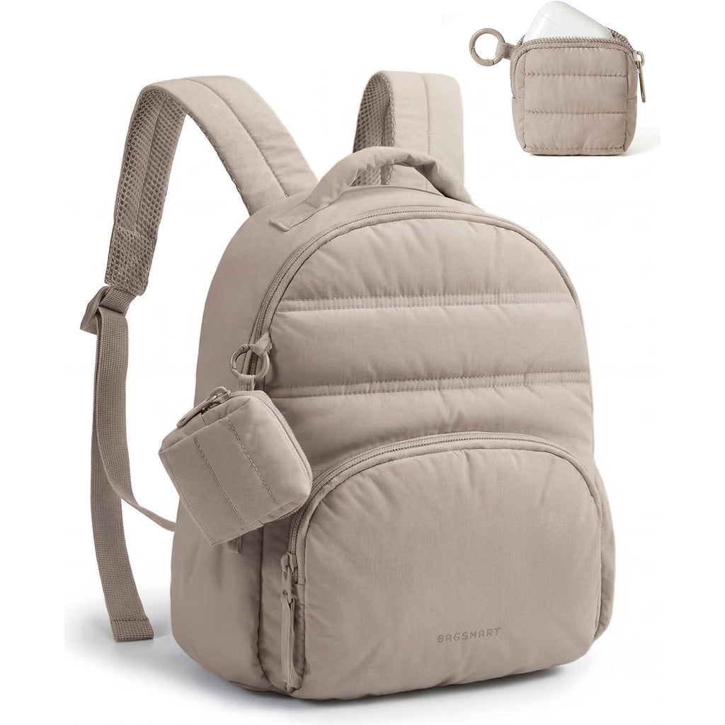 BAGSMART Small Backpacks for Women, Lightweight Puffer Mini Backpack Purse with Pouch, Quilted Casual Daypack, Water-Resistant Bookbag for Daily Travel College, 2-in-1 Set, Latte Brown