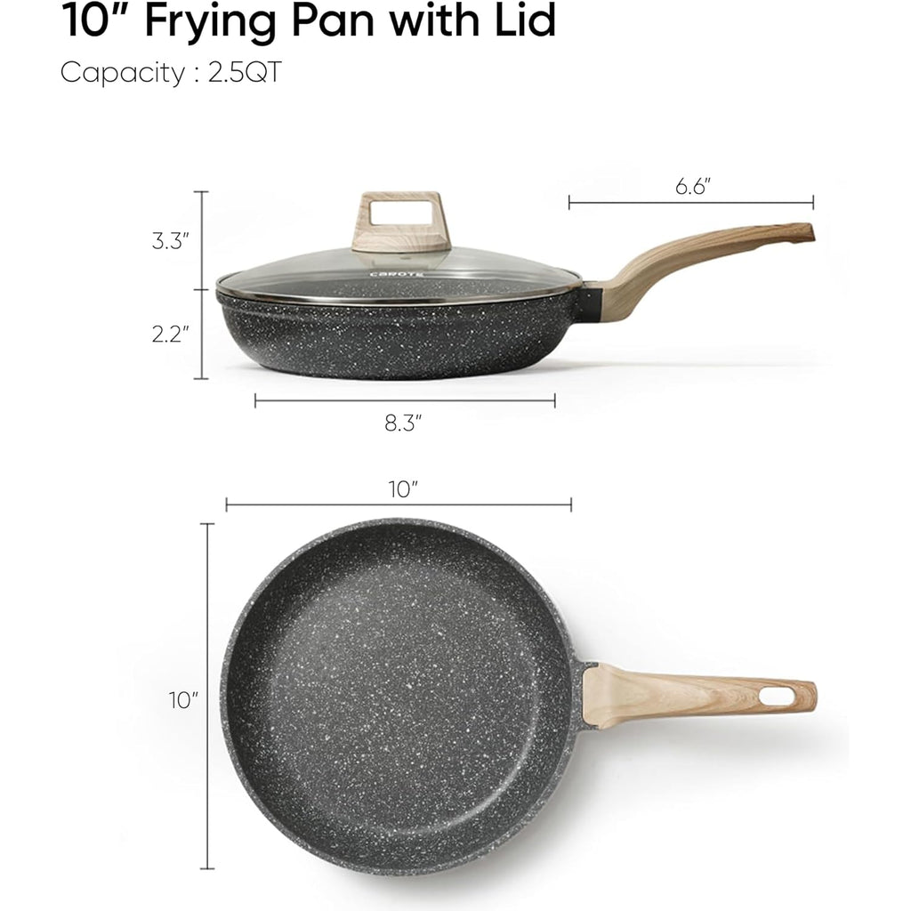 CAROTE Non Stick Frying Pan Skillet, Nonstick Granite Fry Pan with Glass Lid, Egg Pan Omelet Pans, Stone Cookware Chef's Pan, PFOA Free (Classic Granite, 10-Inch)