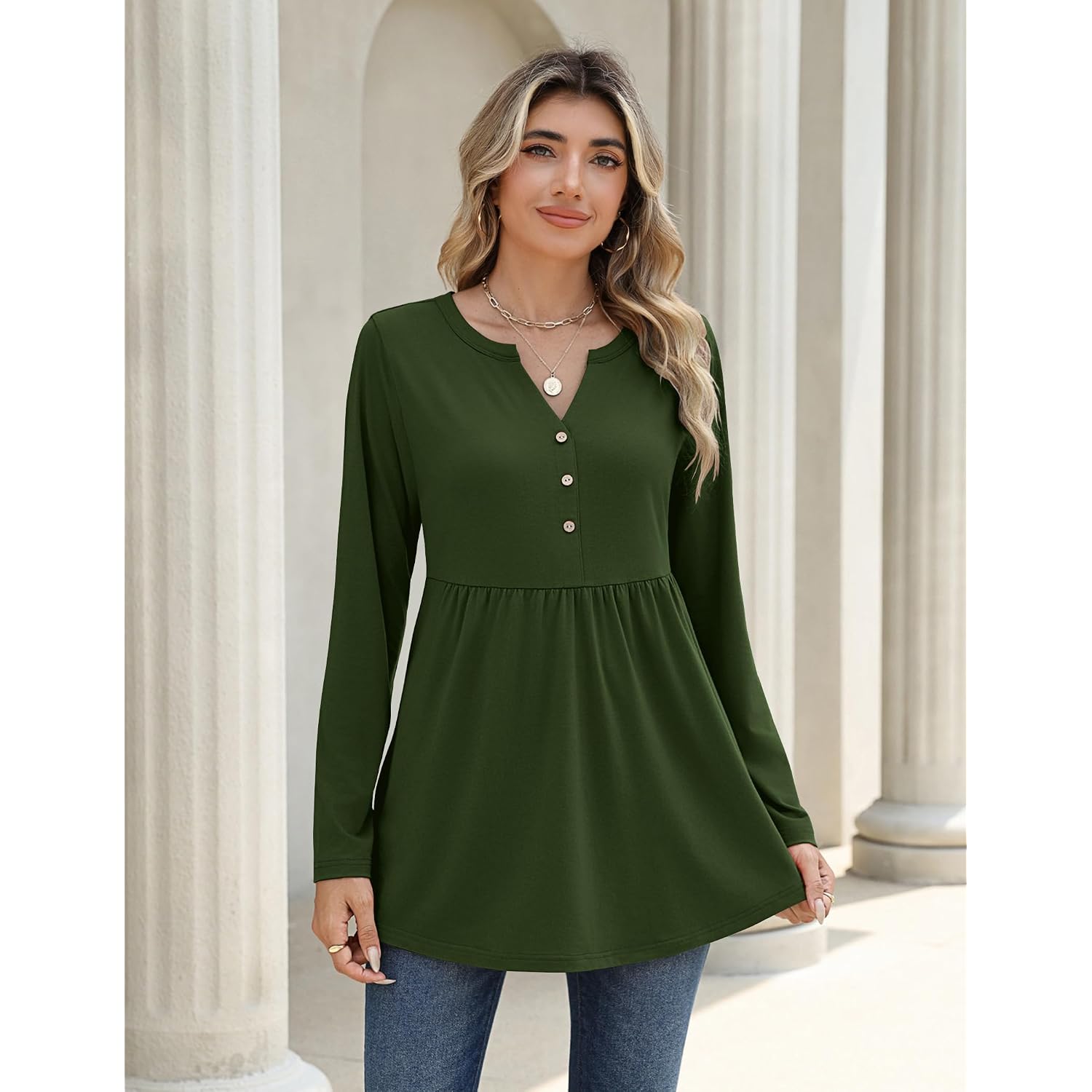 Zeagoo Women Blouses Long Sleeve Shirts Boho Henley V Neck Tops Business Casual Loose Pleated Fashion Clothing