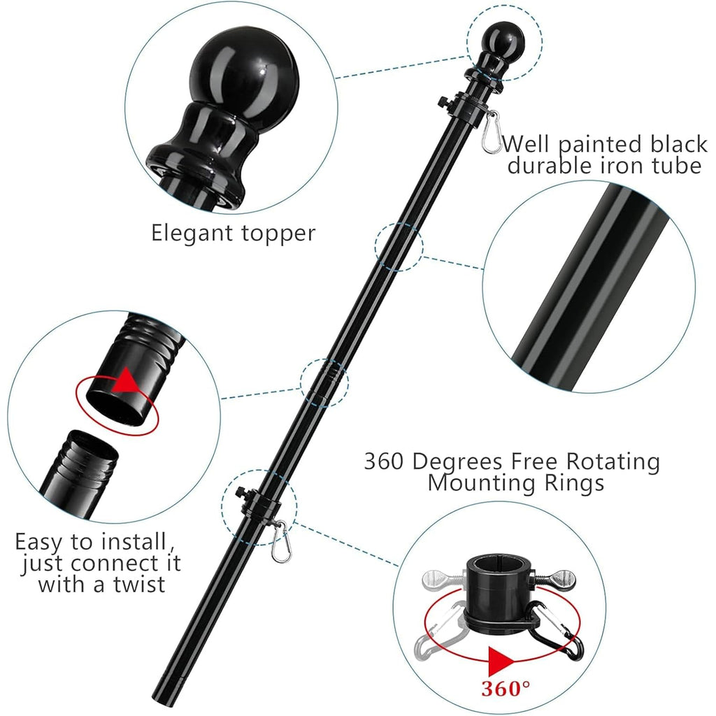 Black Flag Poles For Outside House - 5Ft Tangle Free Flag Pole For House,Heavy Duty Metal Flagpole,Outdoor Flagpoles Residential For Porch,Fence (Without Bracket)