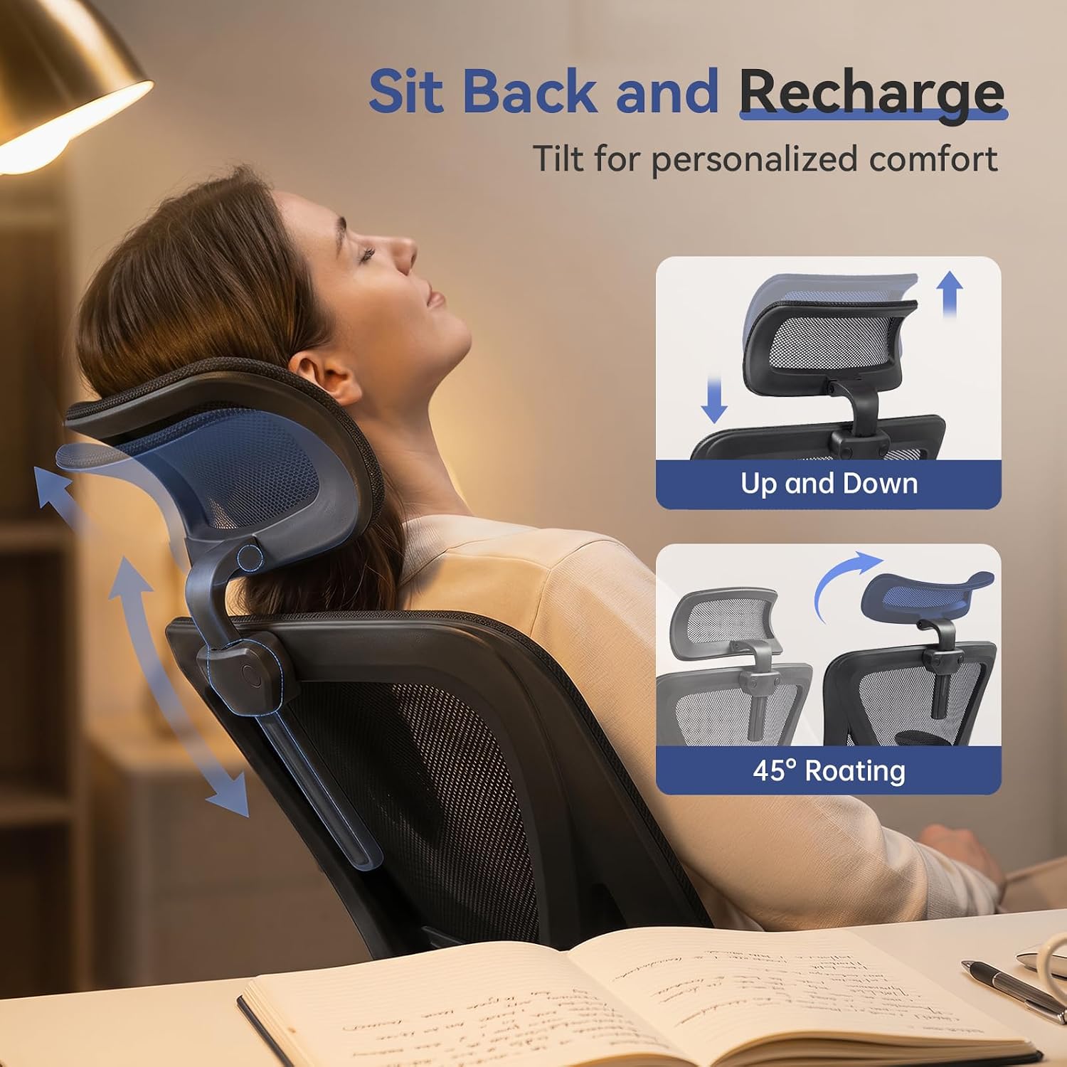 Mesh Office Chair With Adjustable Lumbar Support, Ergonomic High Back Desk Chair With Headrest, Swivel Rolling Computer Chair For Home Office (Black)