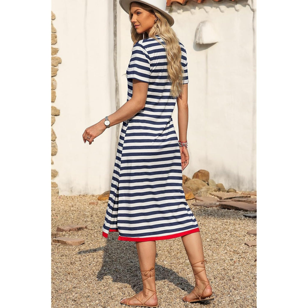 Dokotoo Womens Summer Casual Trendy 2026 Short Sleeve Maxi Dress Striped Split Vacation Color Block T Shirt Dress
