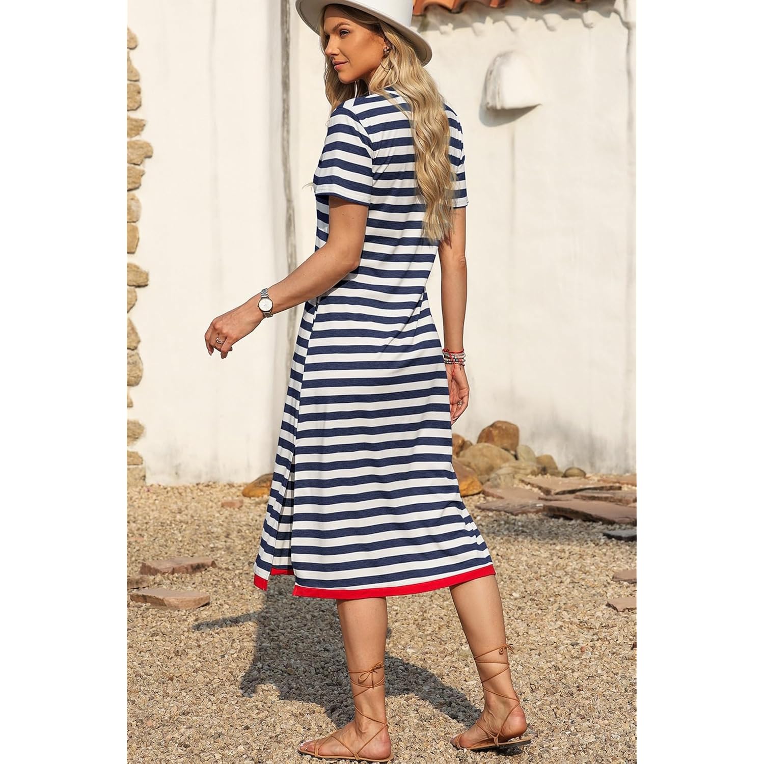 Dokotoo Womens Summer Casual Trendy 2026 Short Sleeve Maxi Dress Striped Split Vacation Color Block T Shirt Dress