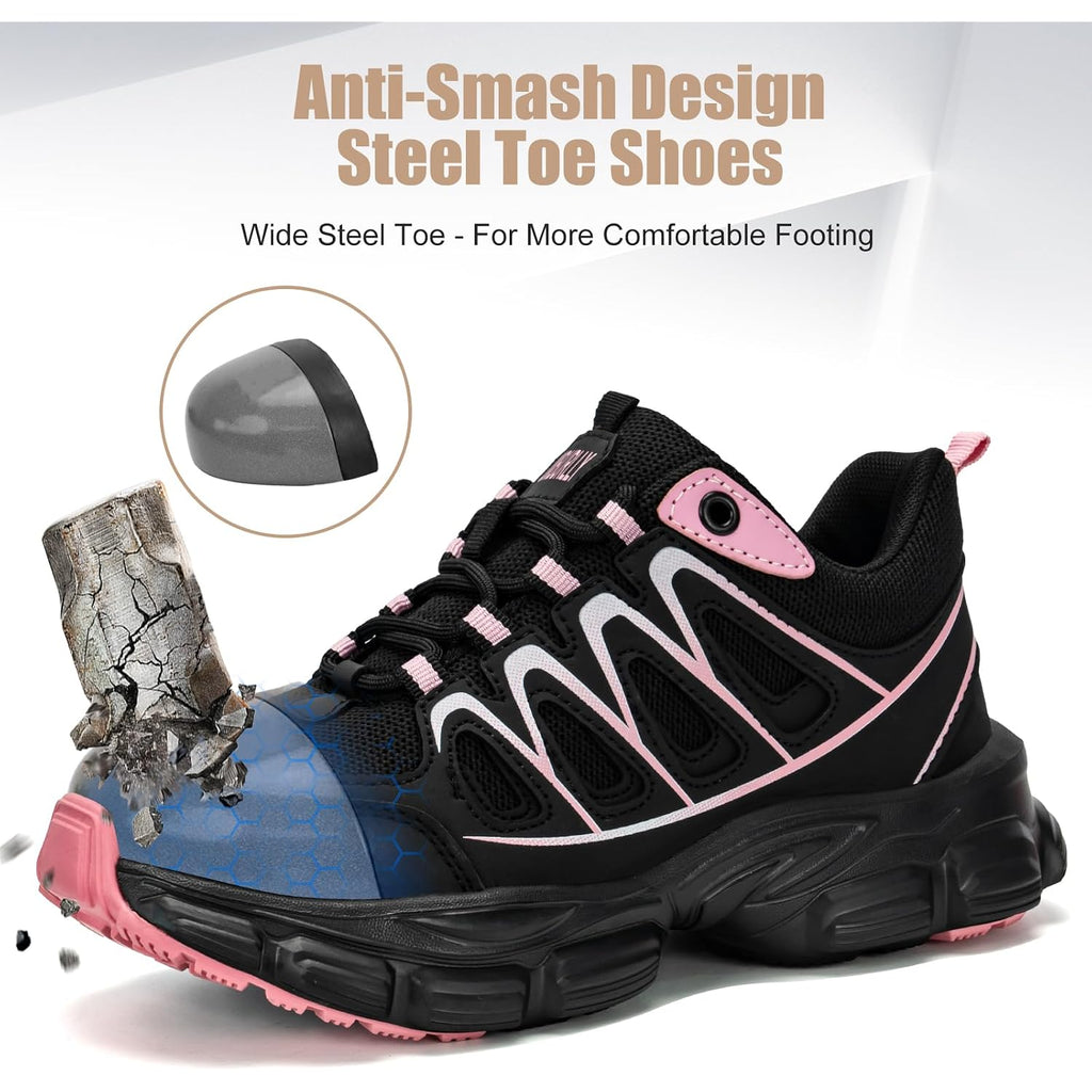 Hogent Steel Toe Shoes For Women Men Wide Non Slip Work Sneakers Indestructible Shoes Lightweight Breathable Construction Sneakers Puncture Proof Ergonomic Design