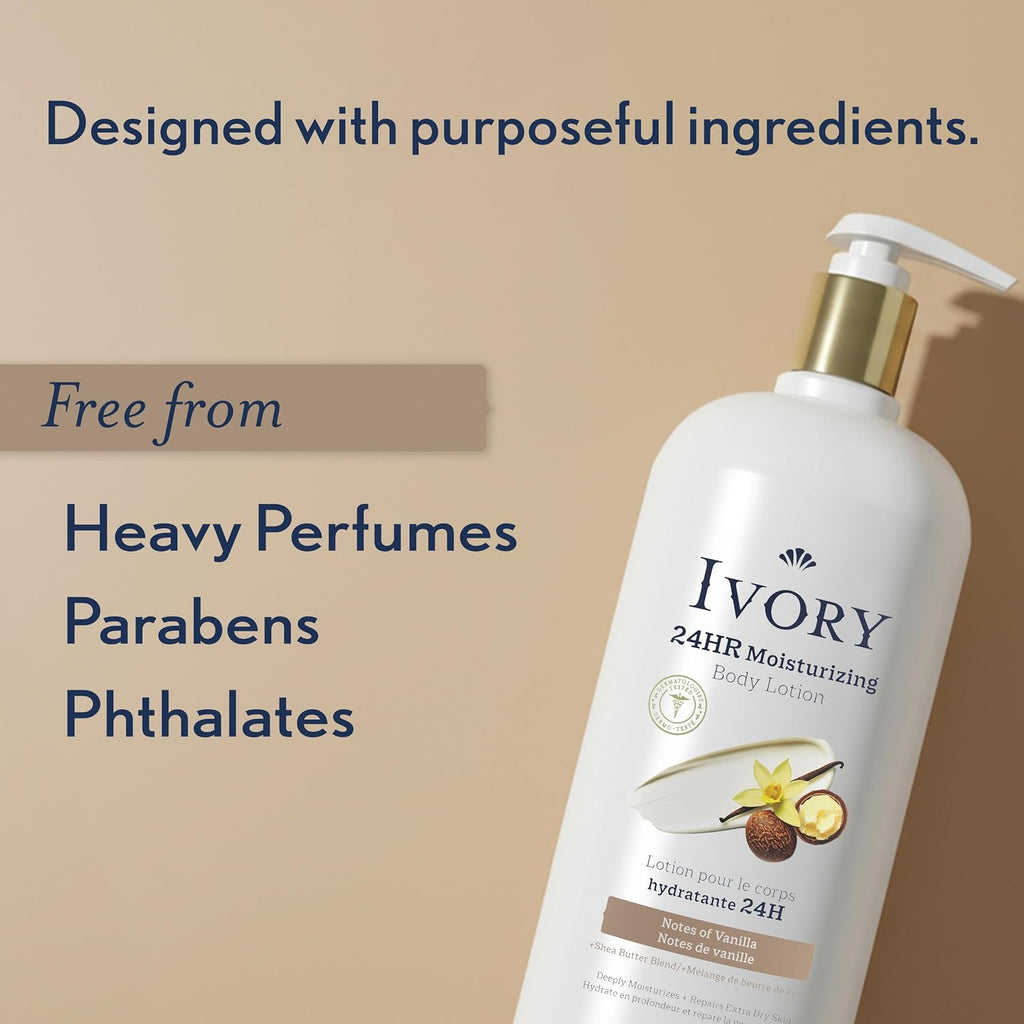 Ivory Hand & Body Lotion, 24Hr Moisturizing, Repairs Extra Dry Skin, All Day Hydration, Lightweight Formula, Absorbs Instantly, Perfect For Daily Use, Shea Butter Blend, Vanilla Scent, 18 Fl Oz