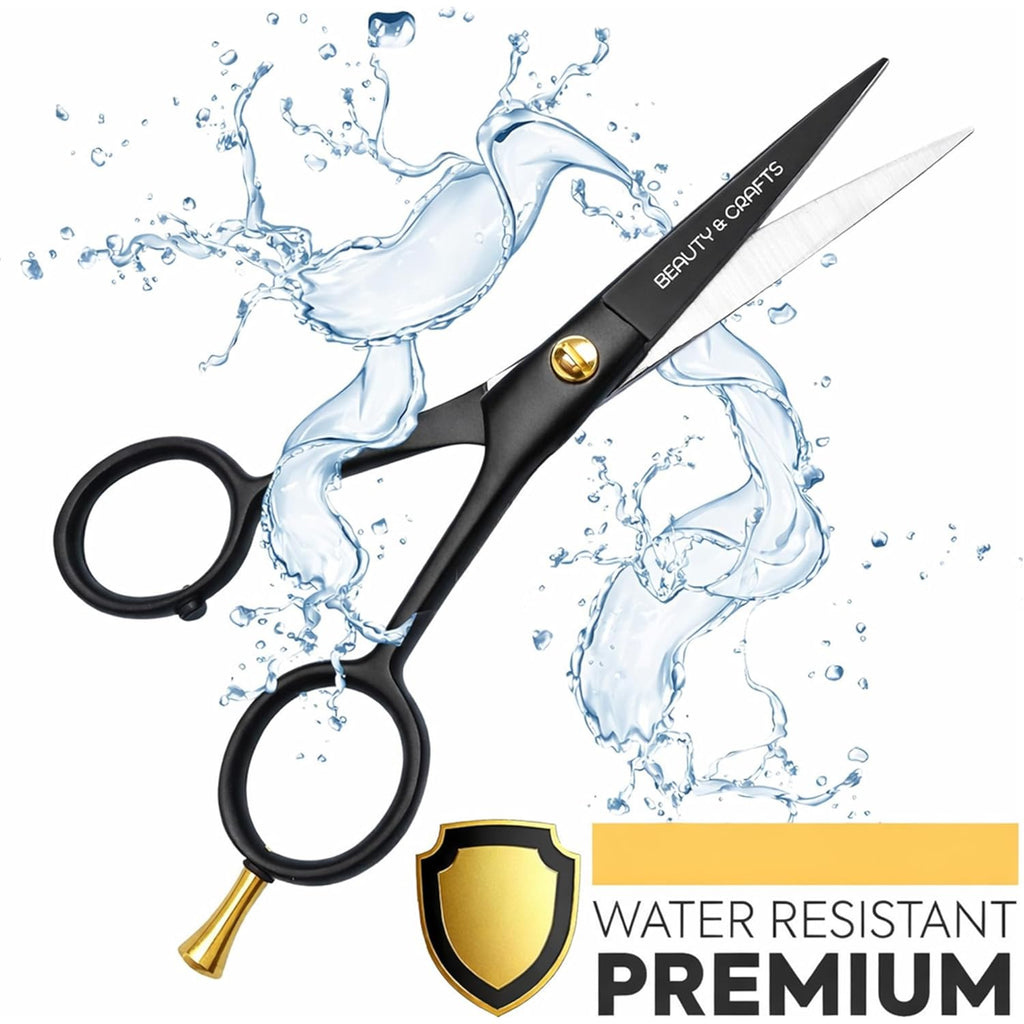 Beauty & Crafts 5” Professional Beard & Mustache Scissors for Men | German Stainless Steel Beard Trimming Shears with 2 Mustache Combs & Premium Pouch for All Facial Hair (Black)