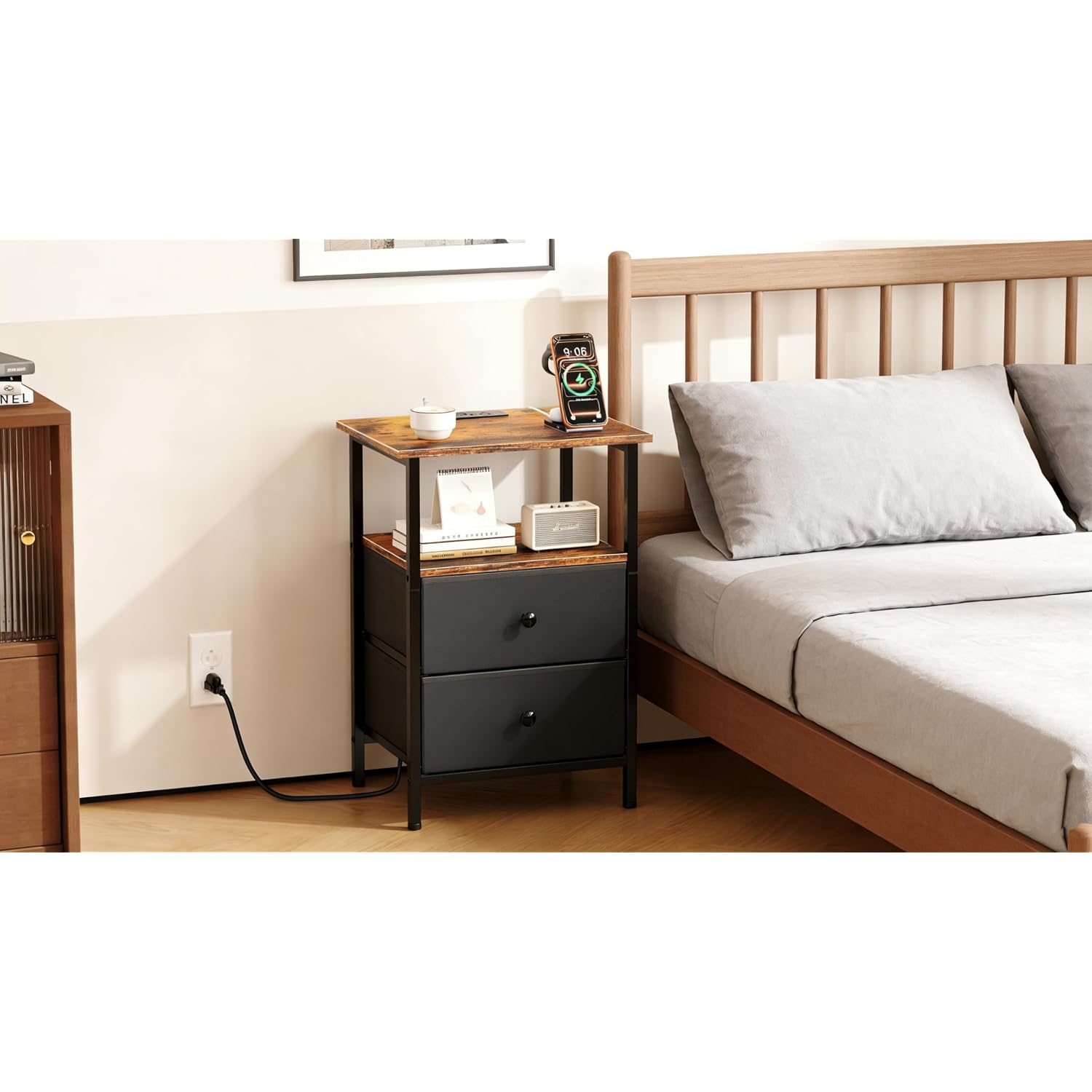 Nightstand With Charging Station, Bedside End Table With 2 Fabric Drawers For Bedroom, Side Table With Usb Ports And Outlets (Brown Black)